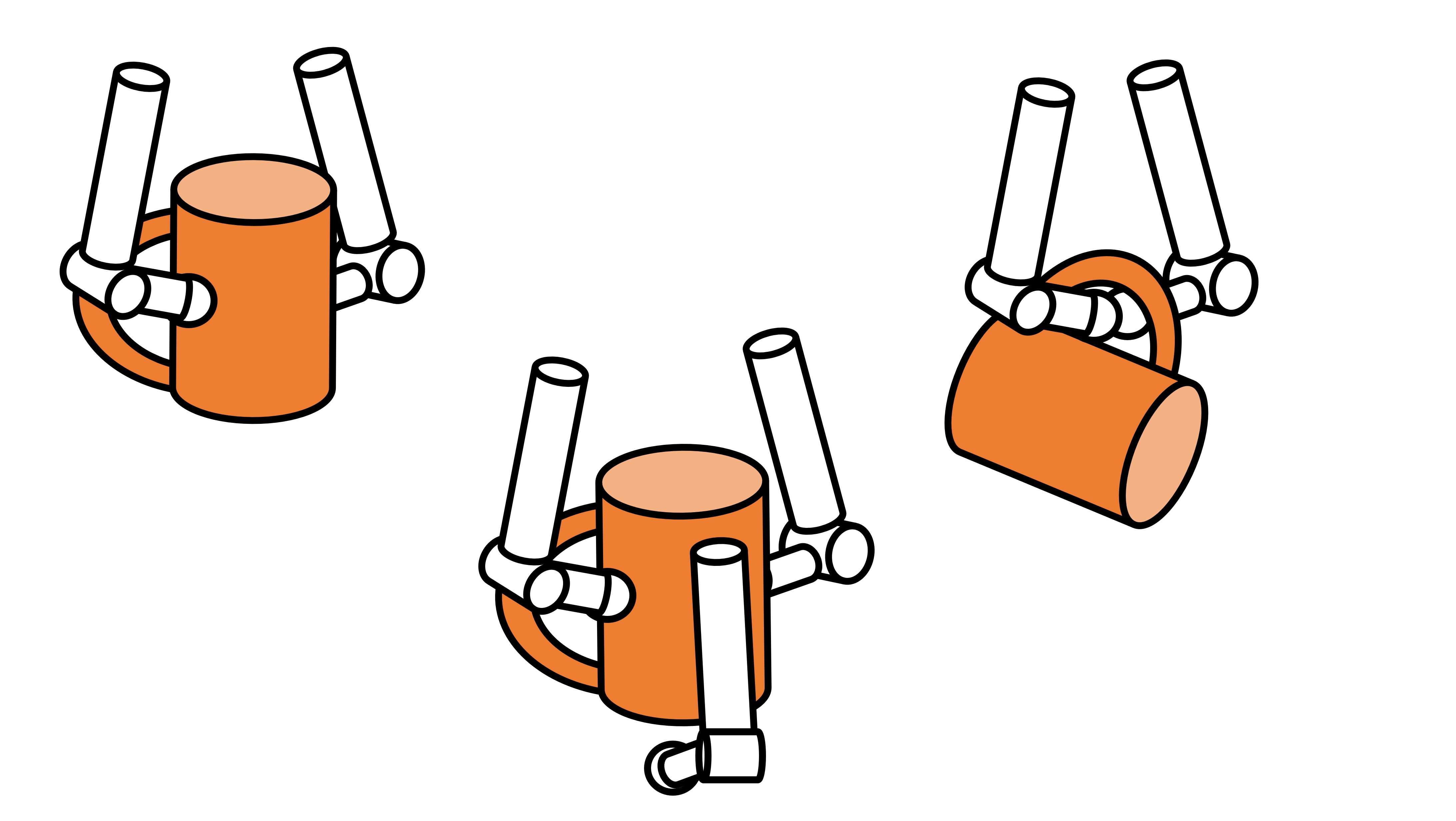 さまざまな把持形態。(左)ロボットの指先でつかむ、(中央)物体を把持しつつ下方に手を添える、(右)物体の穴に引っかけて持つ。