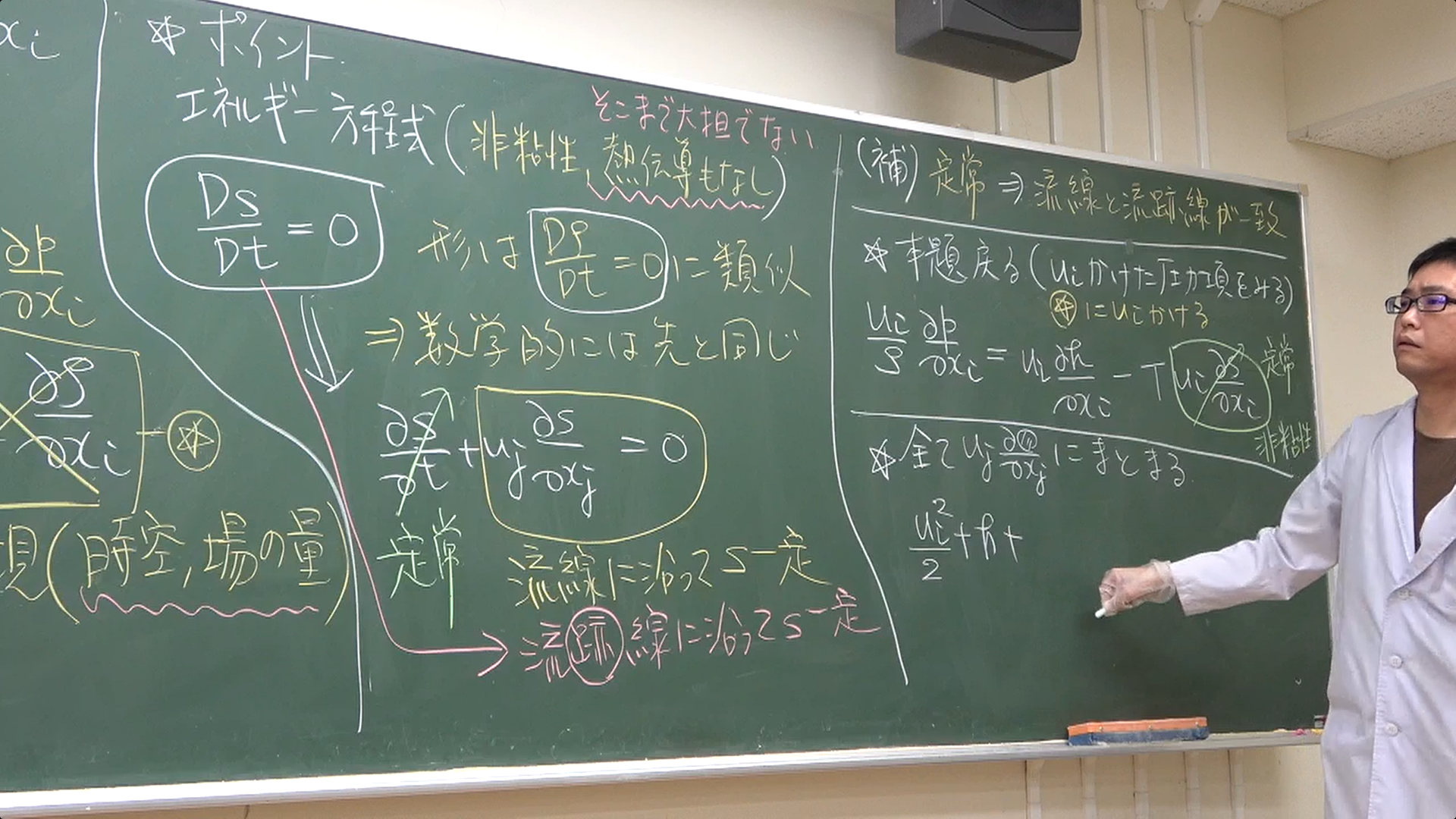 「流体力学」の講義風景です。「熱力学」と「数学」も担当しており、担当学科の2年生とは週3で顔を合わせます。研究よりも講義の方が好きかもしれません。大学の講義は、板書ではなくパワーポイントを使うスタイルが(特に最近)主流ですが、様々な考えと経験から、板書のみで進めています。沢山書くので、機械的に写そうとする学生からは大変と言われますが、板書画像も講義動画も撮影の上で受講生に公開・提供し、出席は自由としています。試験の得点だけで成績を評価するスタイルをとっています(受講生諸君からは好評な評価方針です)。卒業研究で私の研究室を志望してくれる学生の半数ほどが、講義を聞いて関心を持ってくれたタイプです。