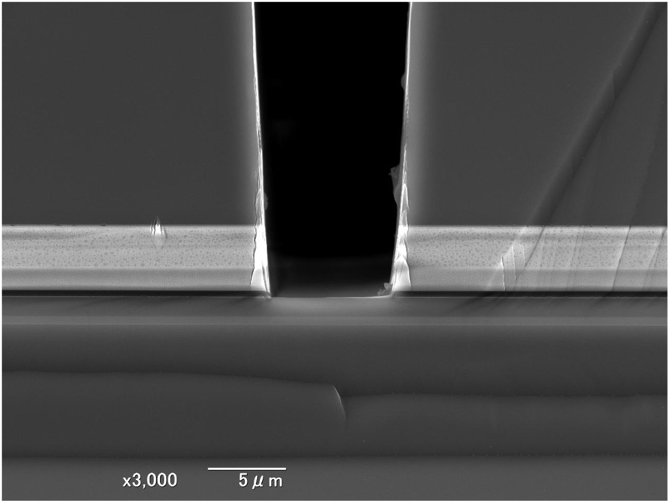 3次元構造のデバイスを作製するために、窒化ガリウム/シリコンにビア(孔)を作製したものです。