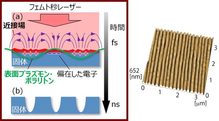 (左)強いフェムト秒レーザー光を固体表面に当てたときの概略図。電子の周辺に発生した強い電場(近接場)によって固体表面を削ります。(右)削られた後の窒化ガリウム表面の顕微鏡画像。幅100nm、深さ700nmの溝が均一に削られています。