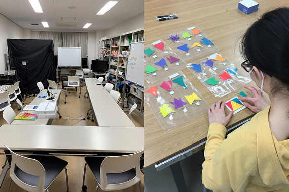 大学のゼミ室。ここでゼミや実験を行っています。奥の黒い箱は簡易暗室で、ここで実験することもあります。今年は、ゼミのときは机を廊下に出して座席の間隔をあけ、私自身は簡易暗室に半分入って話すといった工夫をしています（2020年10月）。（右）図形の構造と色彩配置に関する実験風景。共同研究相手の研究室で院生に協力してもらっているようすです（2017年1月）。