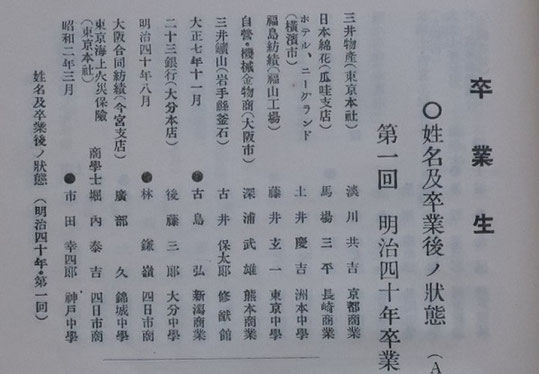『学校一覧』に収録されている卒業者名簿の拡大写真です。 ここから誰がどの年にどこの企業に在職しているのかがわかります。 約1500人の卒業生の動向をエクセルに手入力しました。研究活動には退屈さに耐える忍耐力が必要なのです。